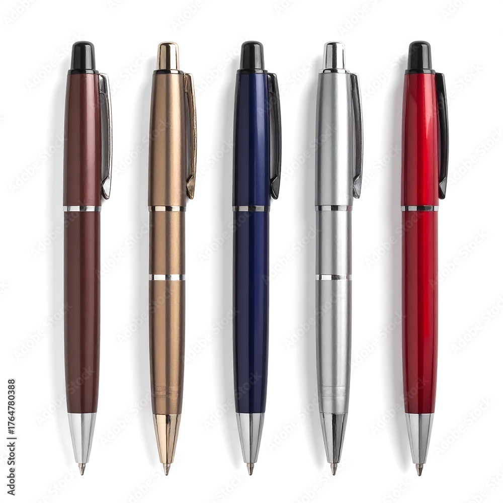 Fototapeta premium Five sleek, metallic pens in varying colors laid out on a clean white surface