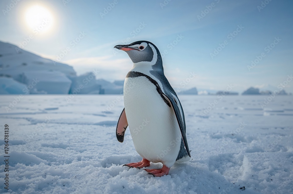 Fototapeta premium Penguin species standing on snowy terrain in a frigid setting