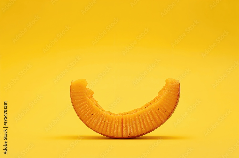 Fototapeta premium Single pumpkin piece on a bright yellow backdrop with empty area