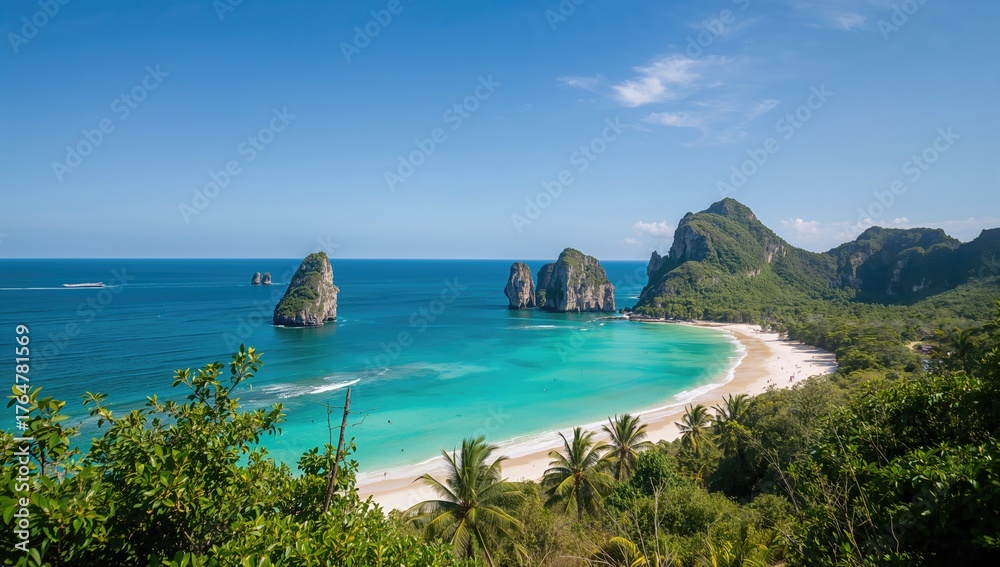 Fototapeta premium Breathtaking Beach Featuring Crystal Clear Blue Waters and Scattered Islets