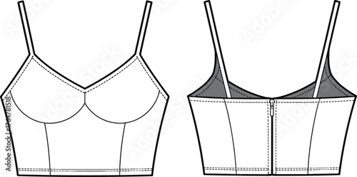 Women’s cropped camisole top vector, fashion CAD technical flat sketch, bustier style with princess seams, spaghetti straps, front and back garment illustration