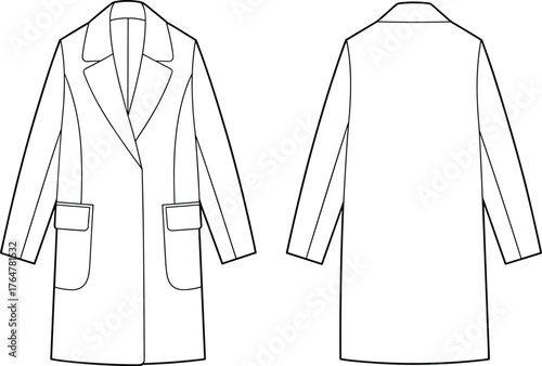 Long coat fashion flat sketch, technical vector illustration with front and back view, notched lapel collar, patch pockets, garment construction drawing, apparel design template