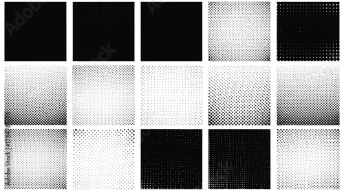 Vector art of collection of halftone textures in black and white, offering a variety of patterns for graphic design, illustration, and background use