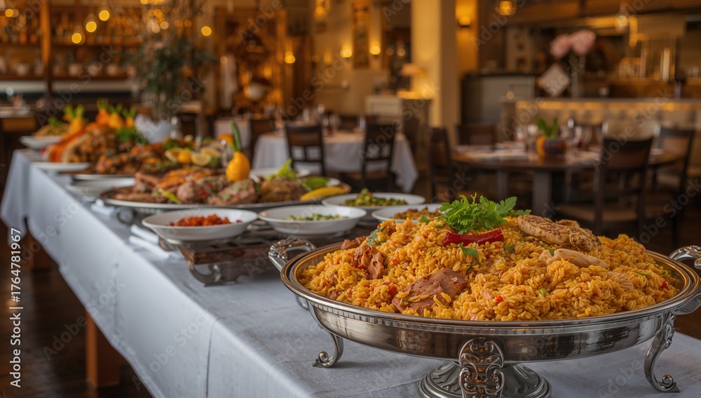 Fototapeta premium Traditional dishes showcasing Peruvian flavors, including gourmet arroz con pollo, presented in a buffet format.