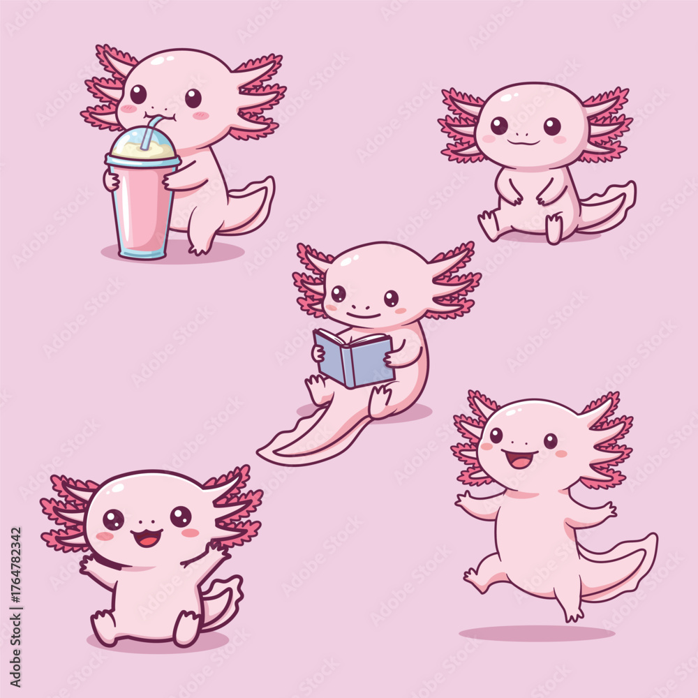 Obraz premium Cute Cartoon Axolotls in Various Fun Poses – Vector Illustration of Whimsical Aquatic Characters