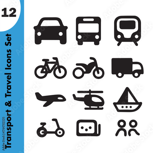 Collection of 12 transportation and travel icons for digital design vector
