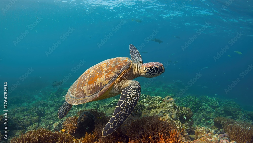 Obraz premium A sea turtle drifts gracefully in transparent waters.