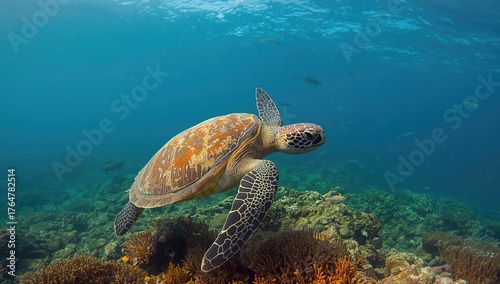 A sea turtle drifts gracefu...