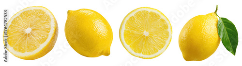 Set isolated fresh fruit, lemon in various style, on transparent background.