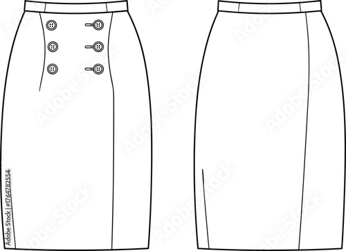 Women’s pencil skirt vector illustration, fashion CAD technical flat sketch, high‑waisted double‑breasted button detail skirt with front straps and back seam design