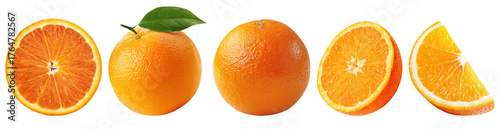 Set isolated fresh fruit, orange in various style, on transparent background.