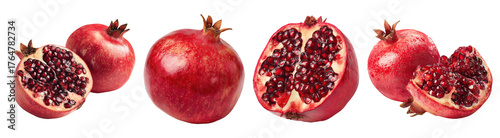 Set isolated fresh fruit, pomegranate in various style, on transparent background.