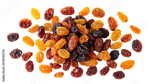Close-up shot showcasing a colorful pile of assorted raisins in amber, brown, and golden hues on a black surface