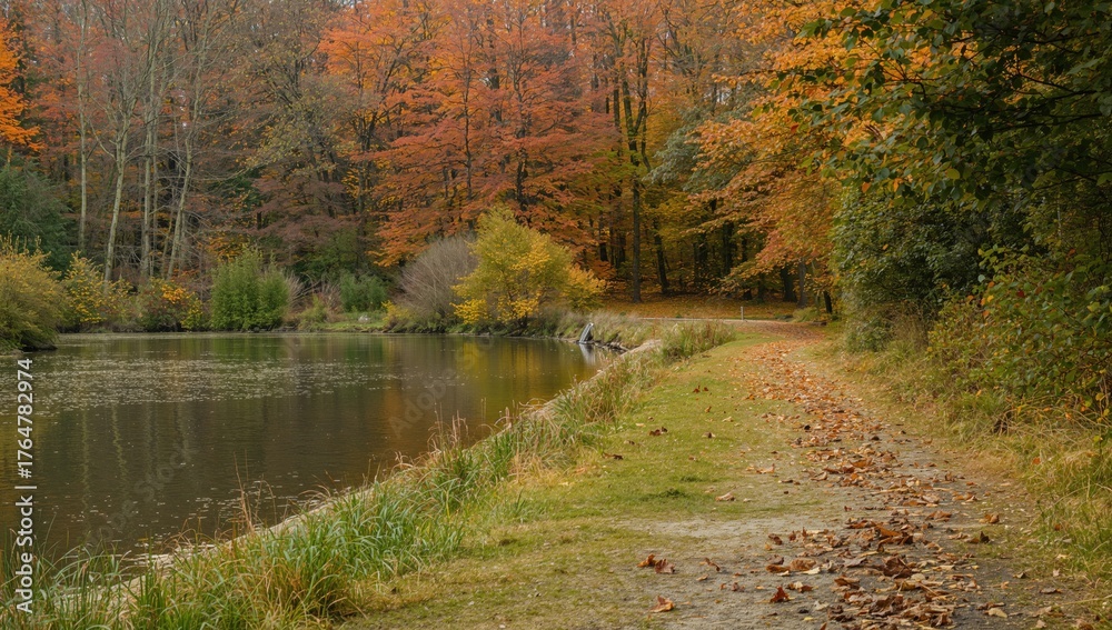 Fototapeta premium Trail by the lake in a protected natural area with forest, water, trees, grass, and autumn greenery
