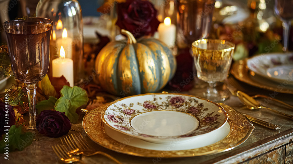 Naklejka premium Seasonal decor with pumpkin, natural element, styled ornament and home detail arranged in an autumn setting with warm tone, classic design idea and elegant seasonal