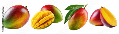 Set isolated fresh fruit, mango in various style, on transparent background.