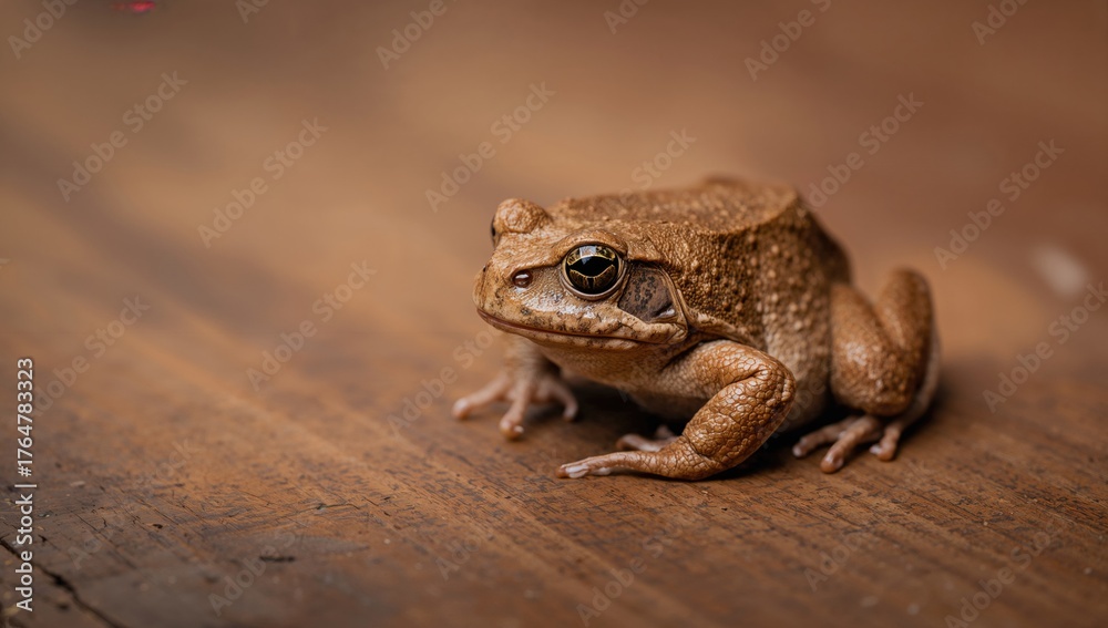 Obraz premium Close-up of a brown toad perched on a wooden surface