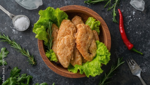 Chicken cutlets in a wooden...