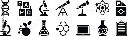 Science, Technology, and Education Icon Set | Laboratory, DNA, Telescope, and Research Symbols