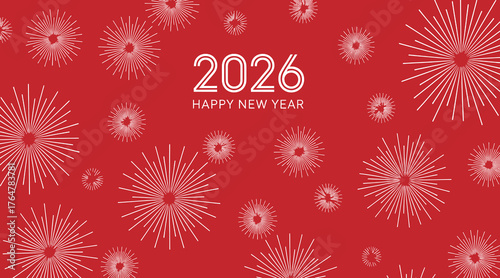 Vector art of festive 2026 new year celebration with white firework bursts on a vibrant red background, perfect for holiday cards, banners, and social media posts, conveying joy and excitement
