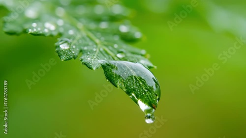 Dewdrop hangs from green leaf, reflecting surroundings. Several water droplets cling to the jagged edge of the leaf. Blurred background
