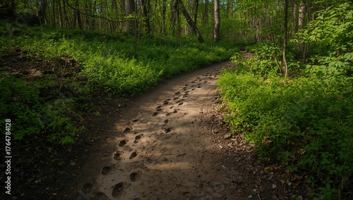 A muddy forest path during ...