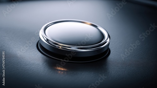 Close-Up of a Glossy Black Round Button on a Modern Dashboard with Soft Texture Surrounding It