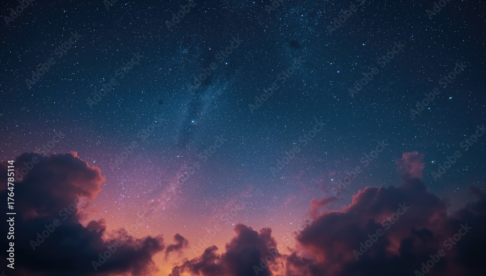 Naklejka premium A vibrant orange sunset under a deep blue sky filled with stars and clouds, created with generative AI tools