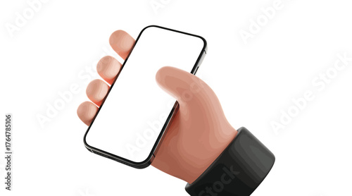 Vector art of hand holding smartphone with blank white screen, ideal for showcasing app design, mobile technology, and user interface in a clean and modern style