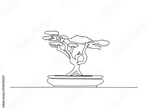 Beautiful bonsai tree art in single outline illustration. Continuous line art drawing of bonsai tree in pot.