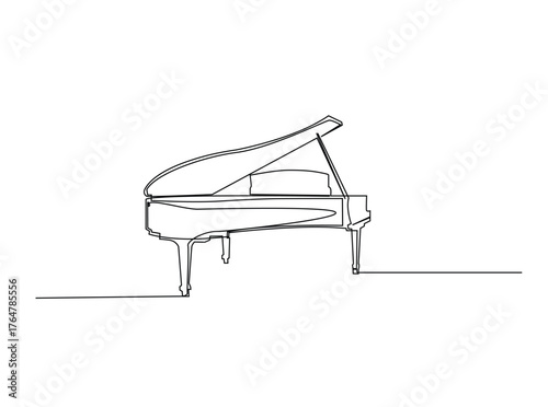 Classic Grand Piano in single outline illustration. Continuous line art drawing of Grand Piano, musican equipment. Editable stroke.