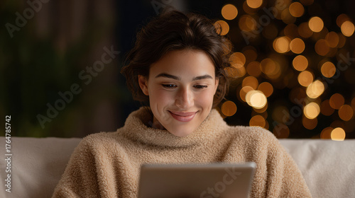 Happy young woman smiling while using tablet at home during cozy evening. Christmas tree with bokeh lights creates festive holiday atmosphere in background