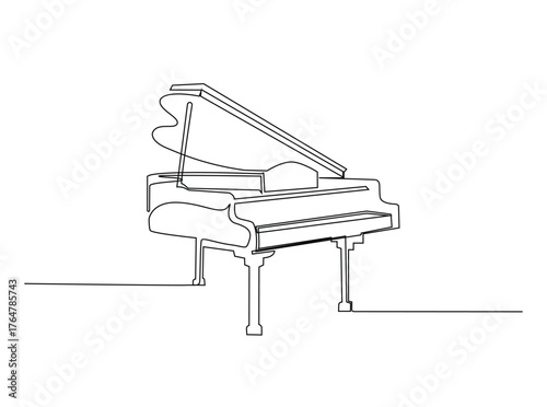Classic Grand Piano in single outline illustration. Continuous line art drawing of Grand Piano, musican equipment. Editable stroke.