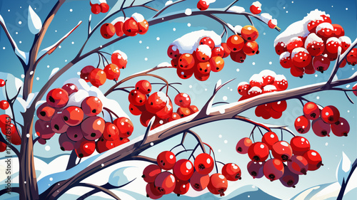 Very beautiful macro view of snow-covered rowanberry branches, red berries shining against a white background, creating a striking contrast in a delicate winter wonderland composition.