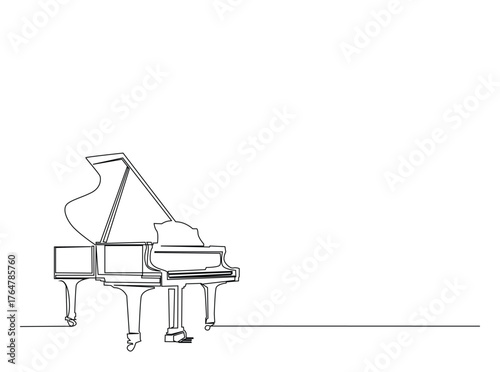 Classic Grand Piano in single outline illustration. Continuous line art drawing of Grand Piano, musican equipment. Editable stroke.