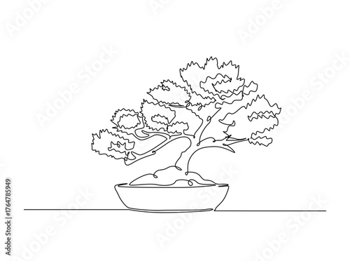 Beautiful bonsai tree art in single outline illustration. Continuous line art drawing of bonsai tree in pot.