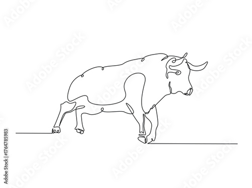 Aggressive bull in single outline illustration. Continuous line art drawing of angry bull.