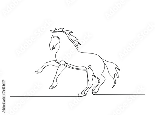 Wild horse art in single outline illustration. Continuous line art drawing of wild stallion.