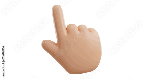 Vector art of 3d rendering of a hand pointing upwards, the hand is light skin tone and has a smooth, cartoonish appearance, with a soft shadow underneath