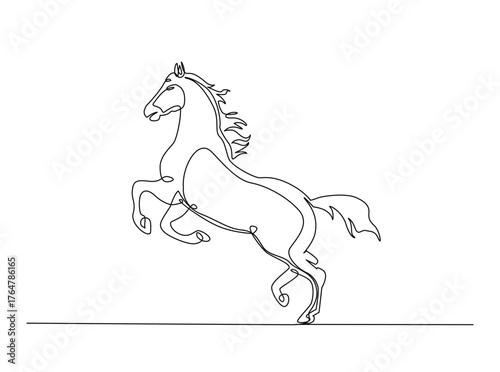 Wild horse art in single outline illustration. Continuous line art drawing of wild stallion.
