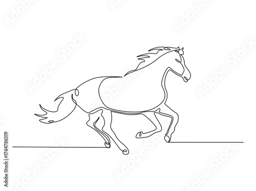 Wild horse art in single outline illustration. Continuous line art drawing of wild stallion.