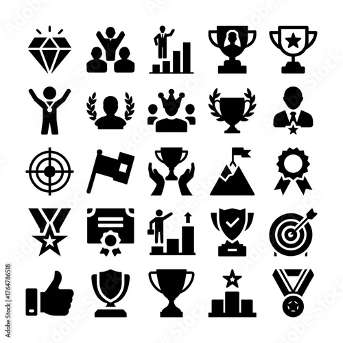 Success and Achievement Icon Set Vector Illustration | Competition, Leadership, Recognition, and Triumph in Monochrome Glyph Style