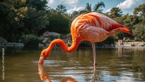 A pink bird standing in an ...