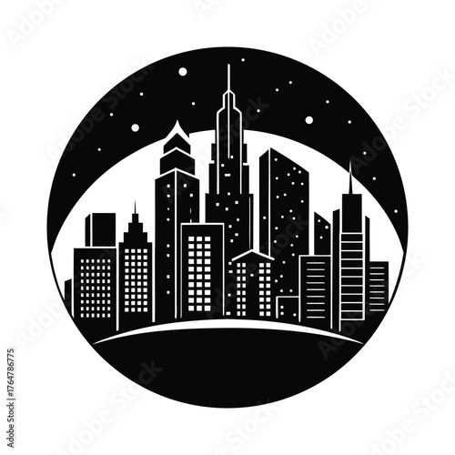 City skyline vector illustration of urban buildings at night