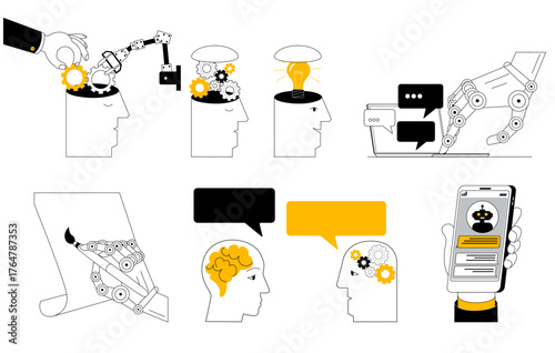 A set of cartoon-style vector illustrations. A human hand inserts mechanisms into an artificial intelligence head. An open head with mechanisms.The theme is artificial intelligence training.