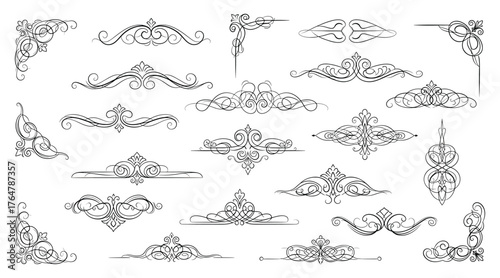Vector art of collection of vintage design elements, including borders, corners, and dividers, perfect for adding a touch of elegance to your designs