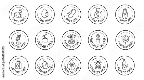 Allergen-Free Icon Set. This is Food symbols, Line Art Badges for Label Organic Products