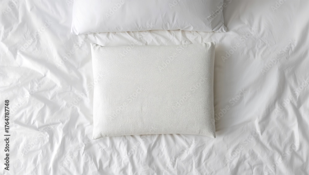 Obraz premium Uncovered mattress featuring a memory foam topper and allergen-free pillow atop crumpled linens, aerial perspective. Cleaning day, fresh linens in a guest room, overhead shot