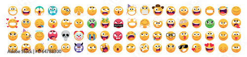 Trendy emoji collection showing various emotions and funny reactions. Modern expressive emoticon set for chat apps, social media, and digital communication design projects.