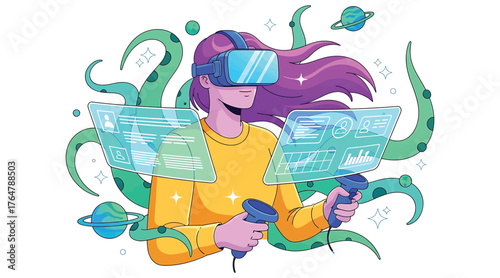 Vector art of a woman wearing a vr headset is immersed in a virtual world with floating screens and tentacles its a vibrant and futuristic illustration